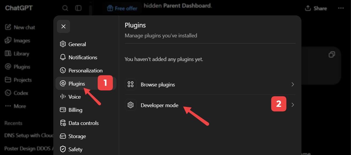 ChatGPT Plugins and Developer mode menu