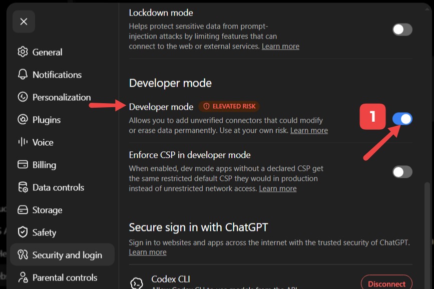 ChatGPT Enable Dev Mode toggle