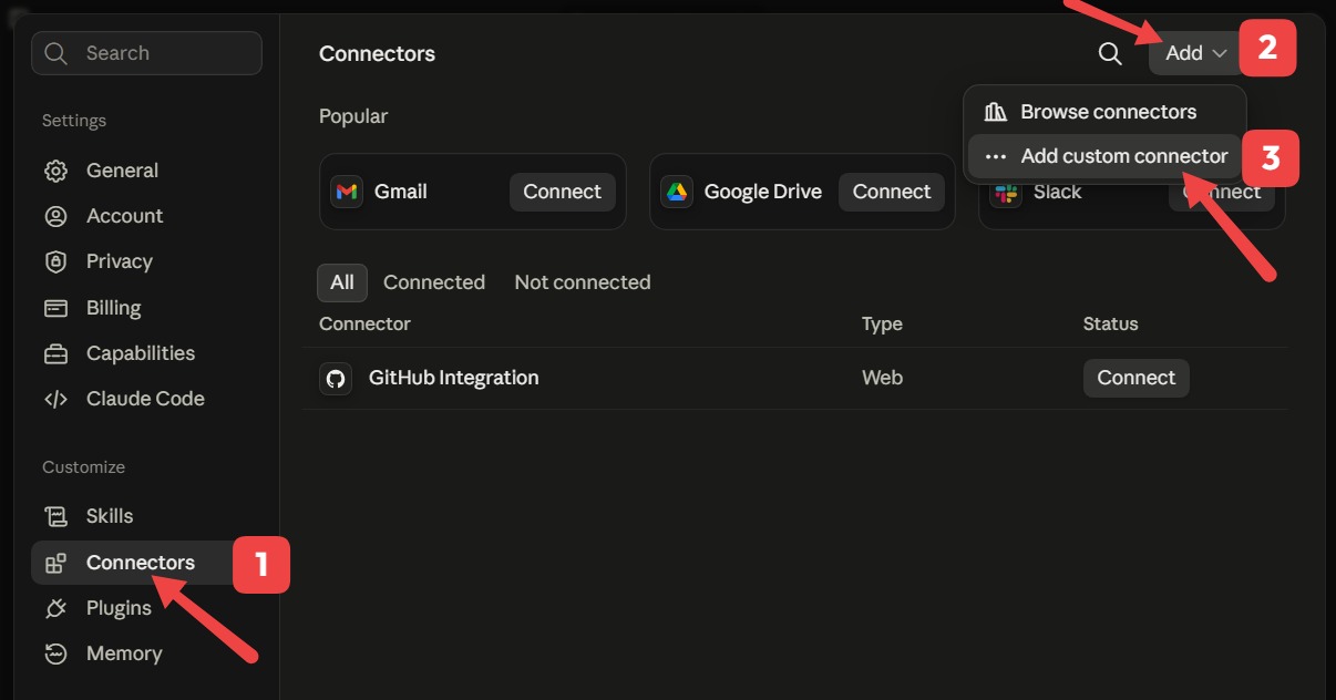 Claude Connectors tab with Add Custom Connector