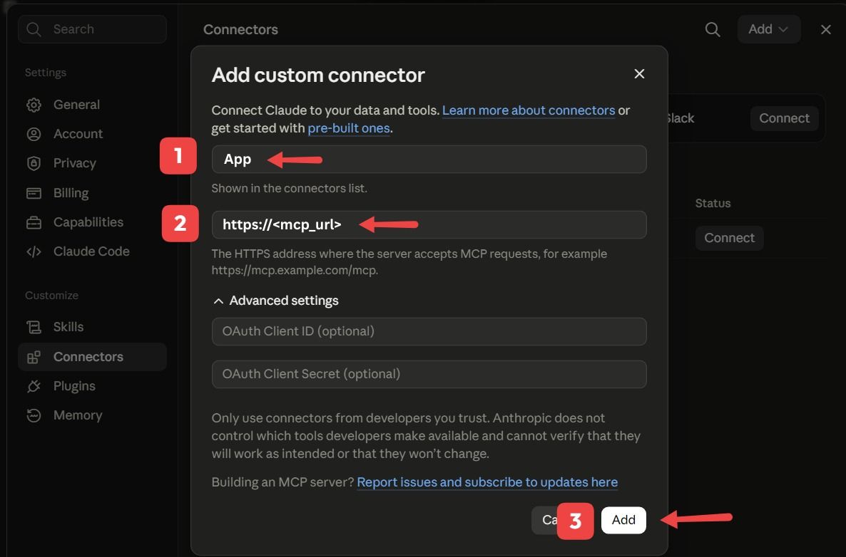 Claude Add custom connector popup form