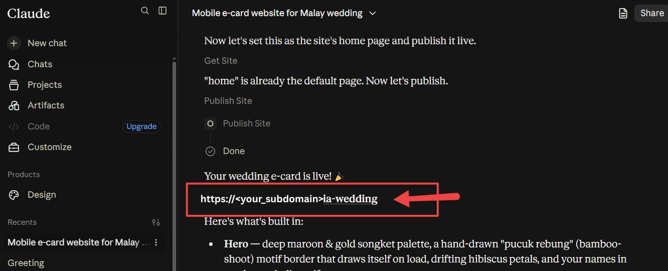 Claude sharing the published web URL