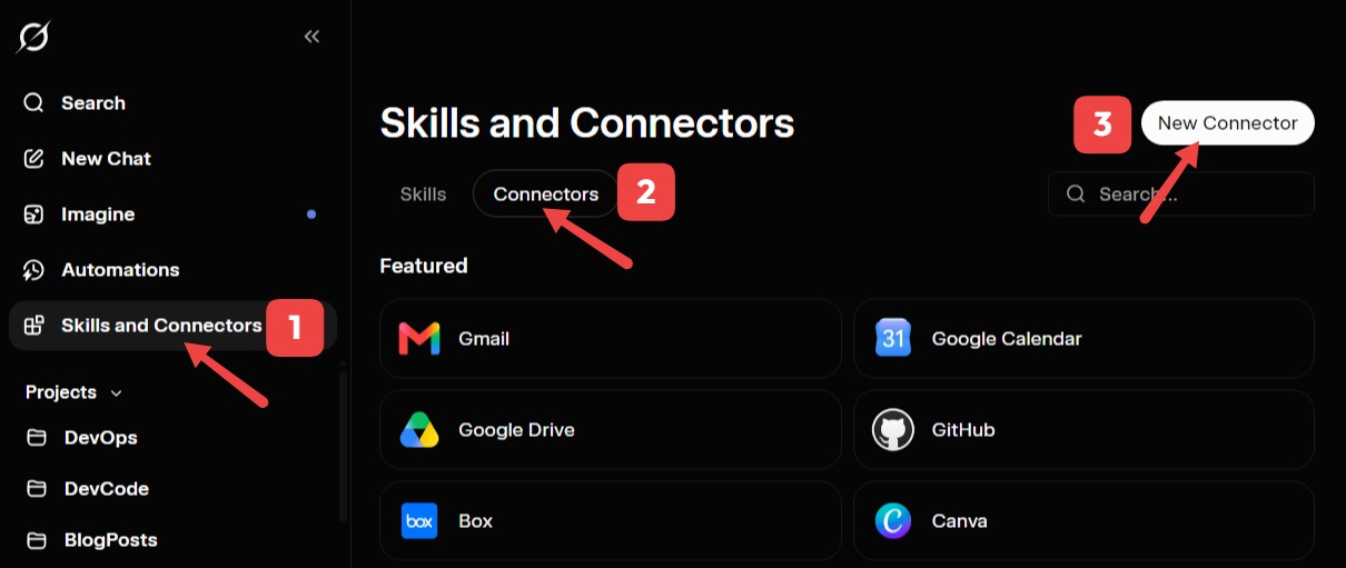 Grok Skills and Connectors menu with New Connector