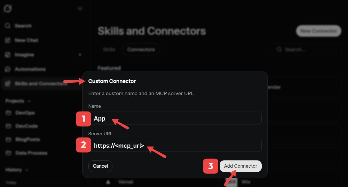 Grok Custom connector popup form